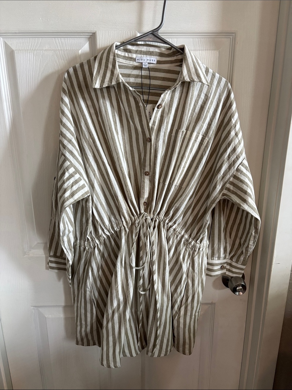 Miou Muse Striped Tunic Dress Size L NWT Neutral Linen Look